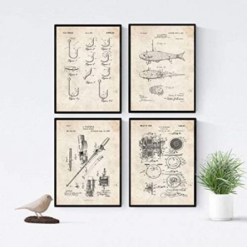 Nacnic Vintage - Pack de 4 Láminas con Patentes de Pesca. Set de Posters con inventos y Patentes Antiguas. Tamaño A3