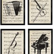 Nacnic Set de 4 láminas de Enciclopedia Vintage con Instrumentos y Partituras. Piano, Violin, chelo, acordeon. Música clásica. Tamaño A4. con Marco.