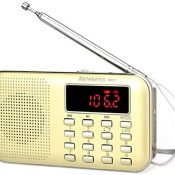 Retekess PR11 Transistor portátil Am FM Radio de Bolsillo Reproductor de MP3 Compatible con Disco USB y Tarjeta TF Linterna de Emergencia (Oro)