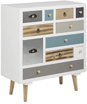 AC Design Furniture Muebles de Diseño Cómoda Suwen Cajones Multicolores, Patas de Pino, Lacado Transparente, 11 Piezas, Blanco, 70 x 32 x 81 cm