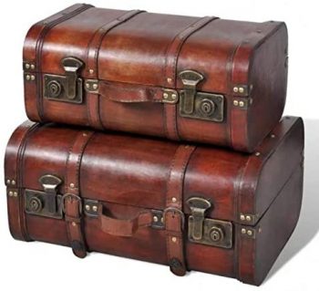 Baúl del tesoro de madera, caja de almacenamiento decorativa con cerradura, decoración vintage, hecha a mano con llave de candado, 2 unidades, color marrón