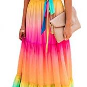 FOBEXISS Maxivestido de arco iris para mujer, con hombros descubiertos, estilo vintage, vestido de verano