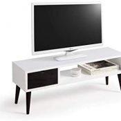 Mesa televisión, Mueble TV salón diseño Vintage, cajón y Estante, Color Blanco y Negro. Medidas 100 cm x 40 cm x 30 cm