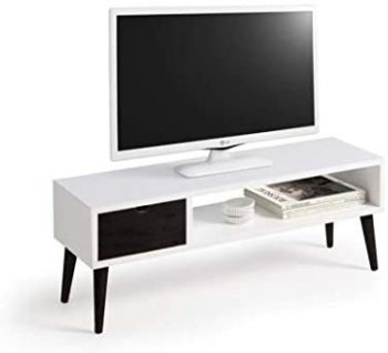 Mesa televisión, Mueble TV salón diseño Vintage, cajón y Estante, Color Blanco y Negro. Medidas 100 cm x 40 cm x 30 cm