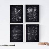 Nacnic Negro - Pack de 4 Láminas con Patentes de Pesca. Set de Posters con inventos y Patentes Antiguas. Elije el Color Que Más te guste.