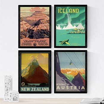 Nacnic Posters Vintage. Posters Publicidad del Mundo. Cuatro láminas Vintage de montañas y Rios. Tamaño A3