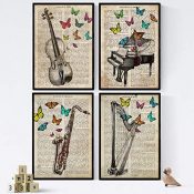 Pack de Cuatro láminas Vintage Piano, Arpa, Violin Y Saxon con definiciones música, emociones, comunicacion, Placer. Tamaño A4 - con Marco Negro A4.