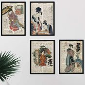 Pack de Cuatro láminas Vintage japonesas con definiciones lenguaje japones, comunicacion, emociones y Libertad Tamaño A4 - Sin Marco. 250 Gr
