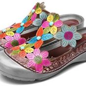 gracosy Plataforma para Mujer Sandalias de Cuero Plantilla Suave Sandalias Antideslizantes Flores Coloridas Zapatillas Huecas Ocio al Aire Libre Zapatos para Caminar Rojo Azul
